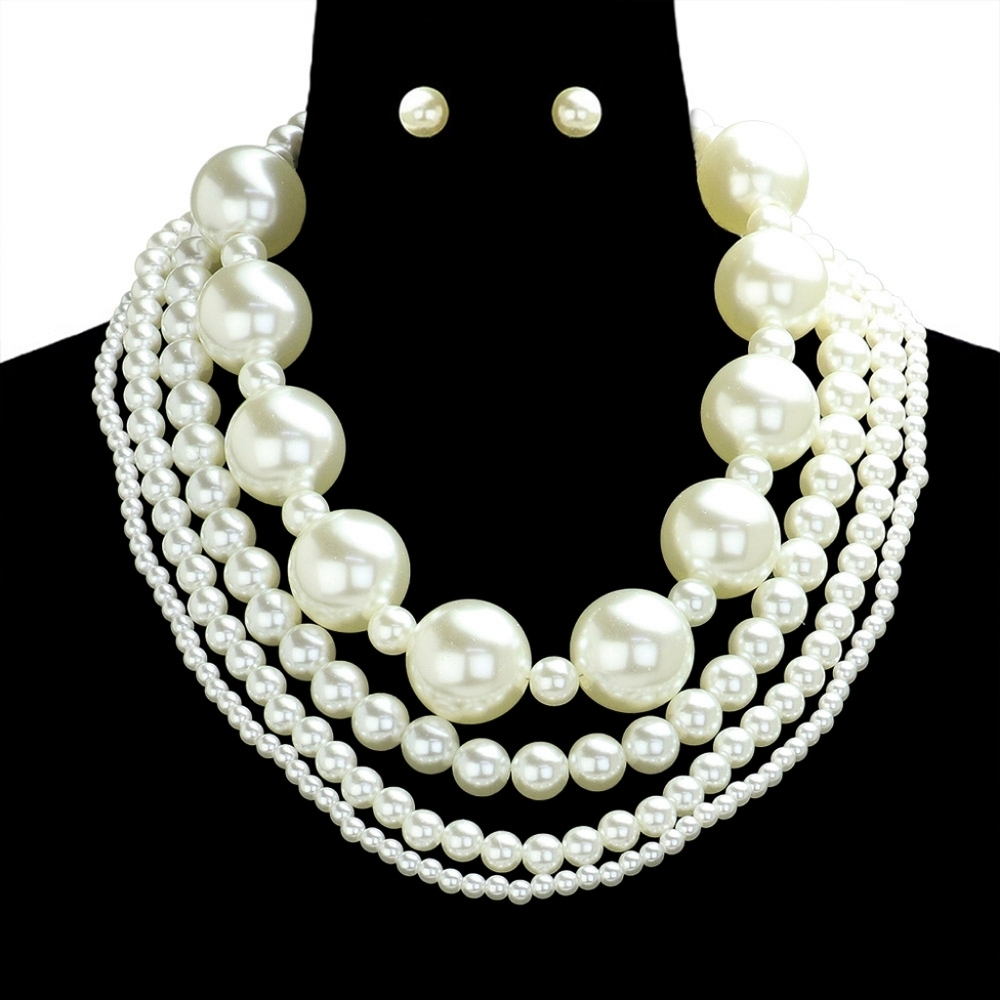 Cream Pearls Multi Layered Bib Necklace Set Chunky Design Statement Jewelry